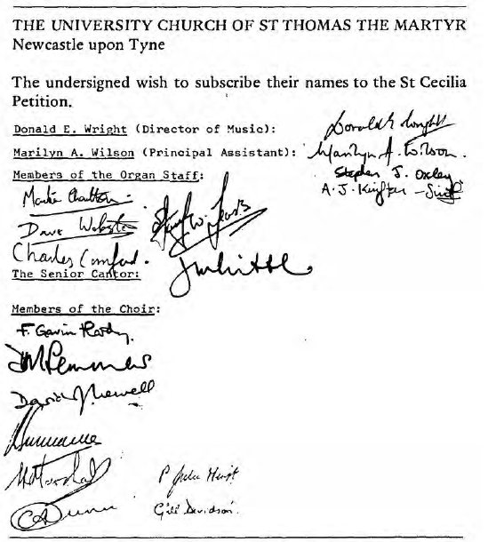 Signatures supporting the St Cecilia Petition