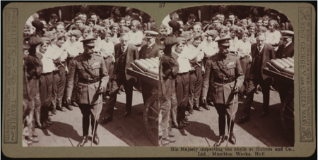 His Majesty inspecting the shells at Holmes and Co. Ltd, Munition Works, Hull, 1917