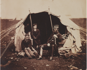 British army officer and two boys during the Crimean War. Photography taken by Roger Fenton