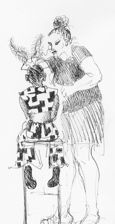 sketch of woman adjusting costume of a child