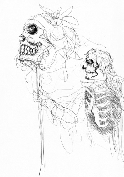 sketch of skeleton costume with skull totem